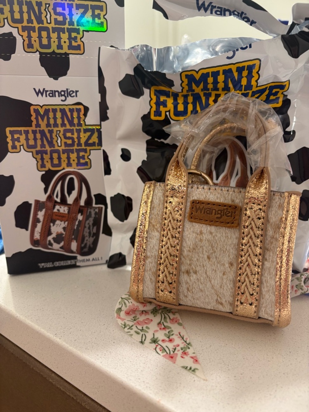 Wrangler Mini Tote with Gold Metallic Trim & White Cowhide